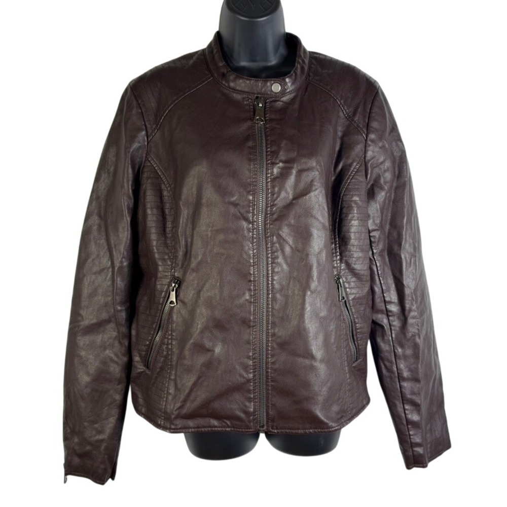 Marc New York Andrew Marc Size Lg Women's Brown Faux Leather‎ Moto Jacket "READ"
